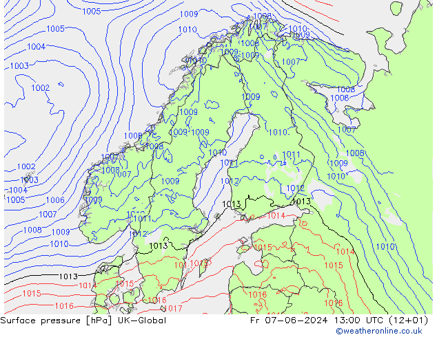 Presión superficial UK-Global vie 07.06.2024 13 UTC