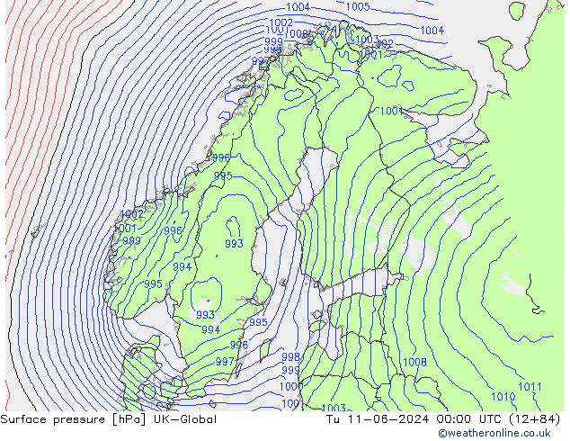 Surface pressure UK-Global Tu 11.06.2024 00 UTC