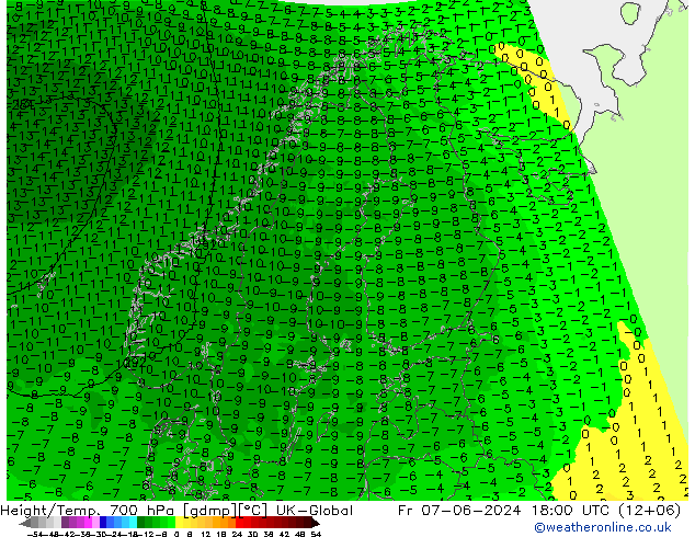 Height/Temp. 700 hPa UK-Global Fr 07.06.2024 18 UTC