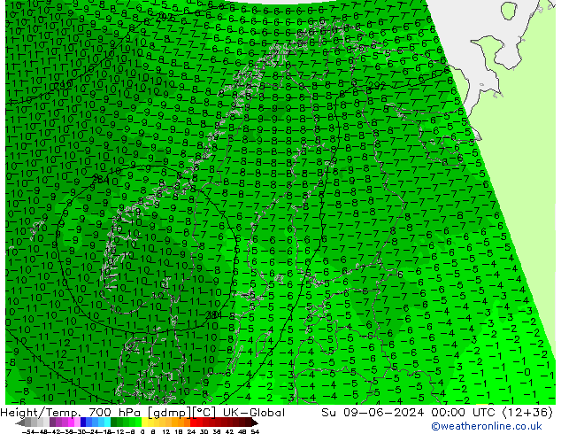 Hoogte/Temp. 700 hPa UK-Global zo 09.06.2024 00 UTC