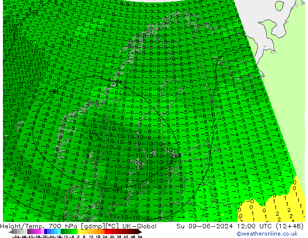 Height/Temp. 700 гПа UK-Global Вс 09.06.2024 12 UTC