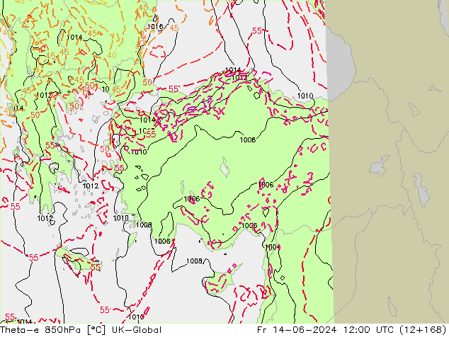 Theta-e 850hPa UK-Global Fr 14.06.2024 12 UTC