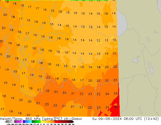 Height/Temp. 850 hPa UK-Global Ne 09.06.2024 06 UTC