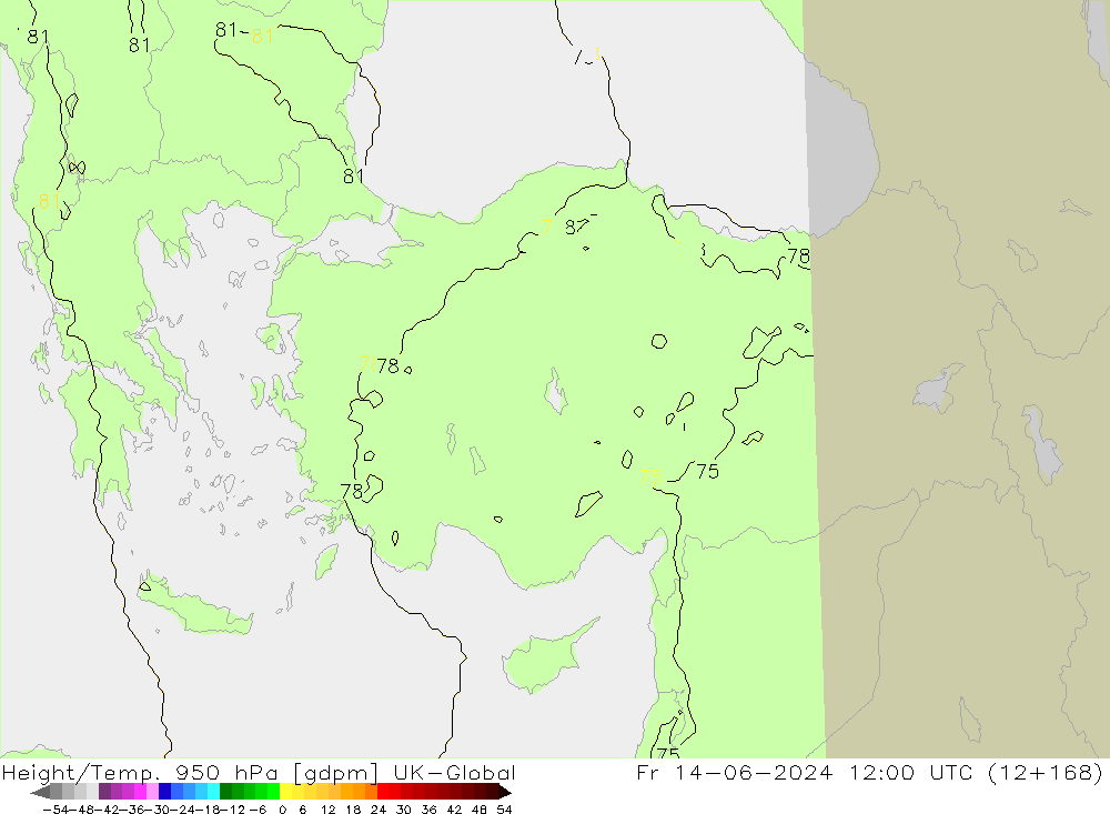 Height/Temp. 950 hPa UK-Global Fr 14.06.2024 12 UTC