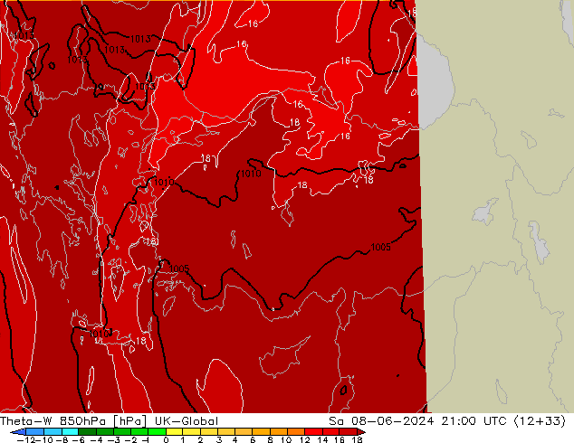 Theta-W 850hPa UK-Global Sáb 08.06.2024 21 UTC