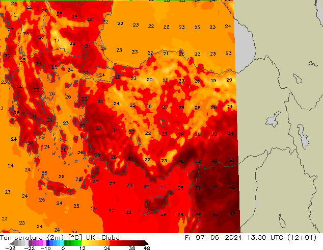 mapa temperatury (2m) UK-Global pt. 07.06.2024 13 UTC