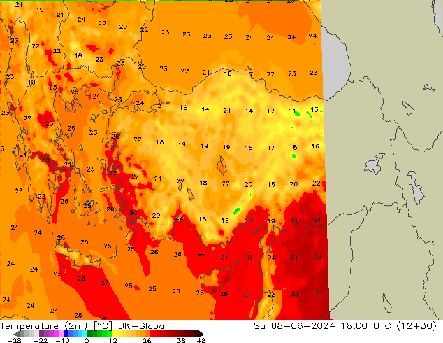 Temperatuurkaart (2m) UK-Global za 08.06.2024 18 UTC