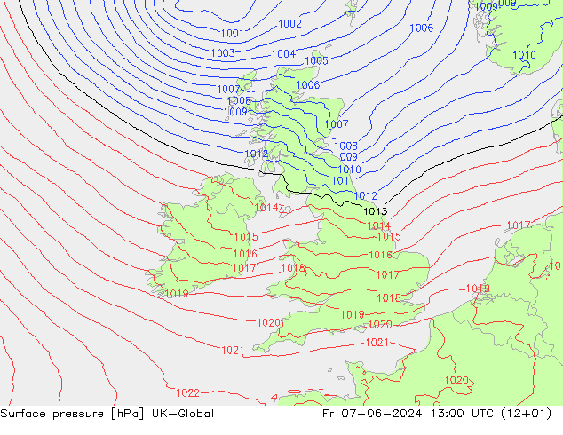 Pressione al suolo UK-Global ven 07.06.2024 13 UTC