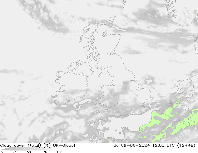 Cloud cover (total) UK-Global Su 09.06.2024 12 UTC