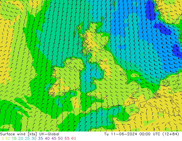 Surface wind UK-Global Út 11.06.2024 00 UTC