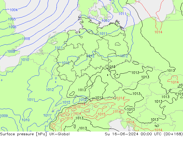 Pressione al suolo UK-Global dom 16.06.2024 00 UTC