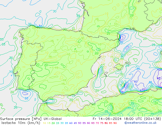 Isotachs (kph) UK-Global ven 14.06.2024 18 UTC