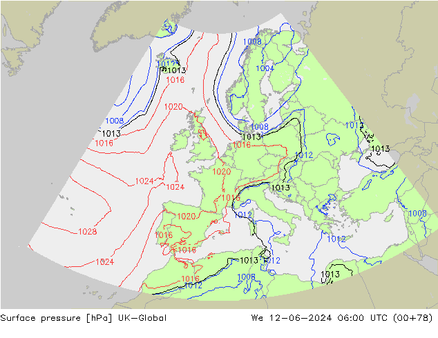 pression de l'air UK-Global mer 12.06.2024 06 UTC