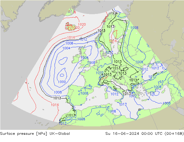 Surface pressure UK-Global Su 16.06.2024 00 UTC