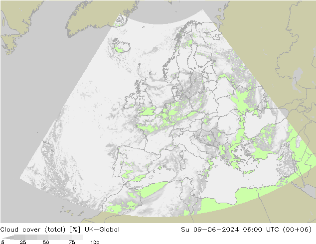 Cloud cover (total) UK-Global Su 09.06.2024 06 UTC