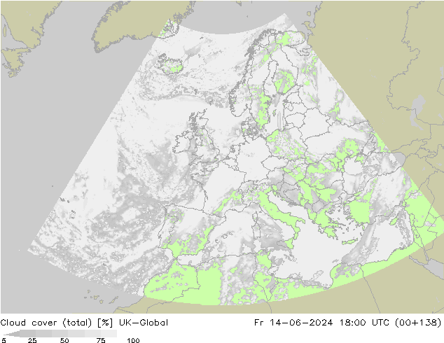 Cloud cover (total) UK-Global Pá 14.06.2024 18 UTC