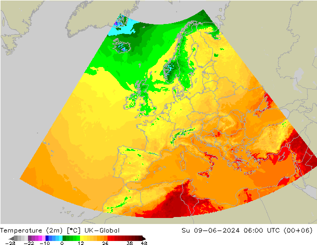 Temperature (2m) UK-Global Su 09.06.2024 06 UTC