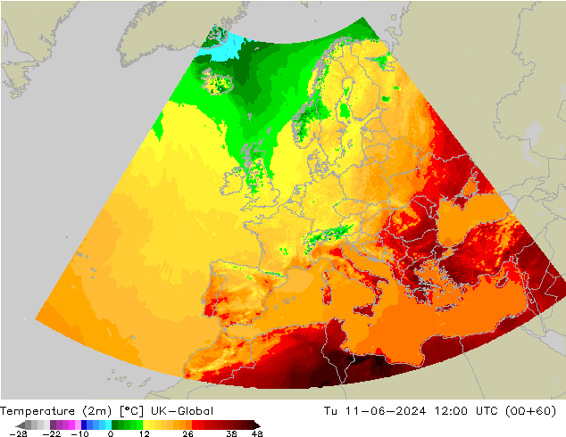 Sıcaklık Haritası (2m) UK-Global Sa 11.06.2024 12 UTC