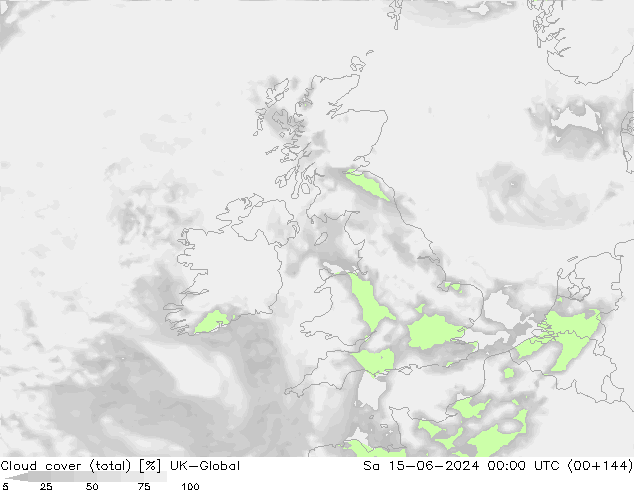 Bewolking (Totaal) UK-Global za 15.06.2024 00 UTC