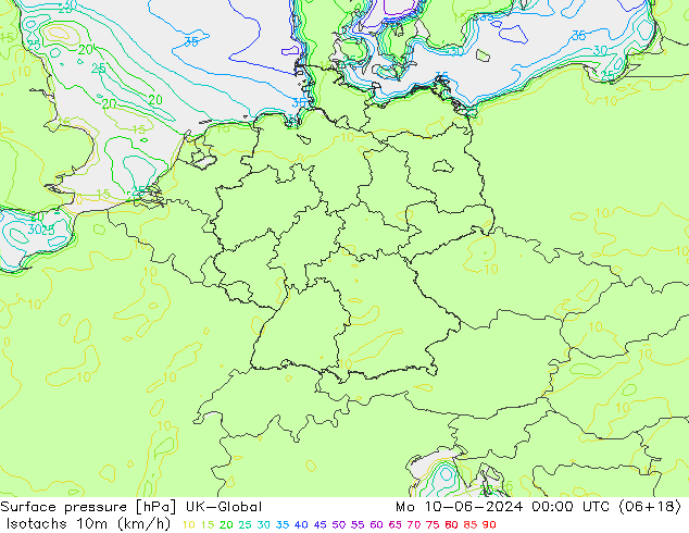 Isotachen (km/h) UK-Global ma 10.06.2024 00 UTC