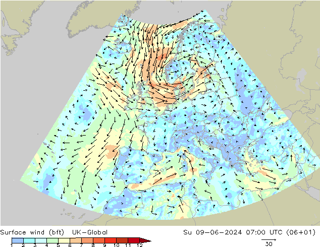 Surface wind (bft) UK-Global Ne 09.06.2024 07 UTC