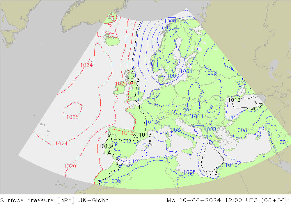 Surface pressure UK-Global Mo 10.06.2024 12 UTC