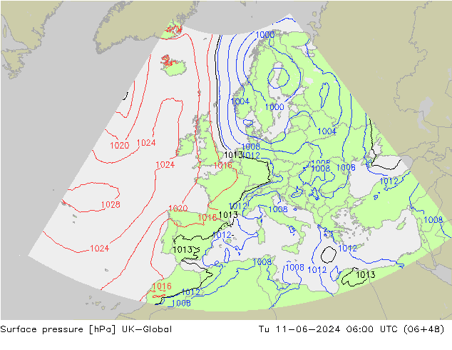 Atmosférický tlak UK-Global Út 11.06.2024 06 UTC