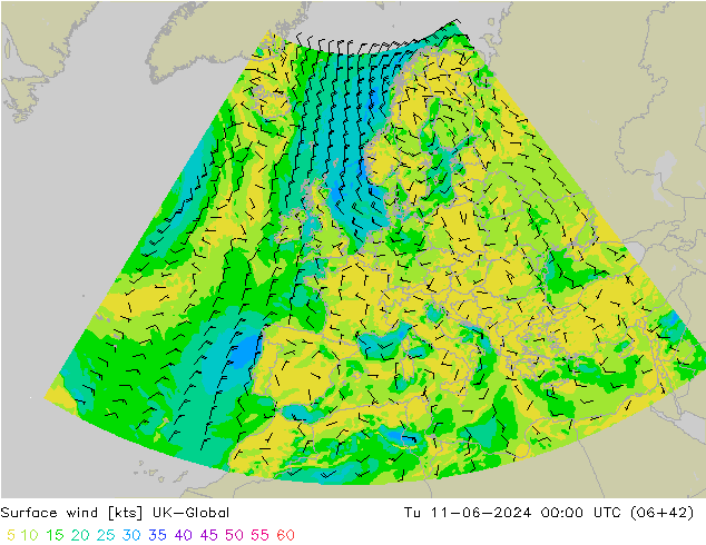 Wind 10 m UK-Global di 11.06.2024 00 UTC