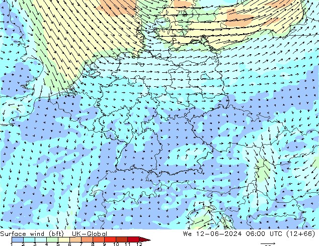 Surface wind (bft) UK-Global We 12.06.2024 06 UTC