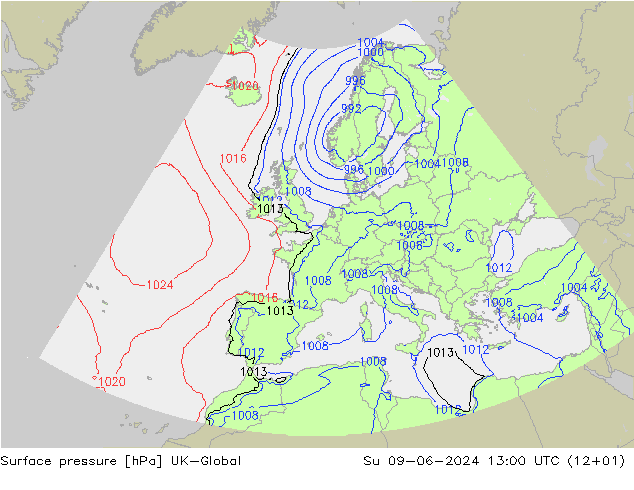 Surface pressure UK-Global Su 09.06.2024 13 UTC