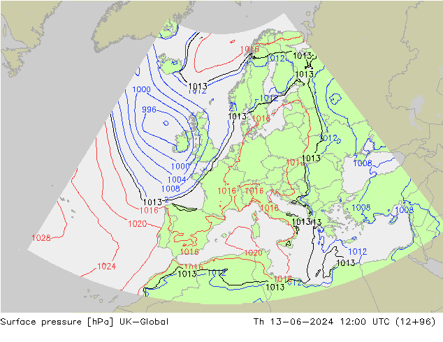Surface pressure UK-Global Th 13.06.2024 12 UTC