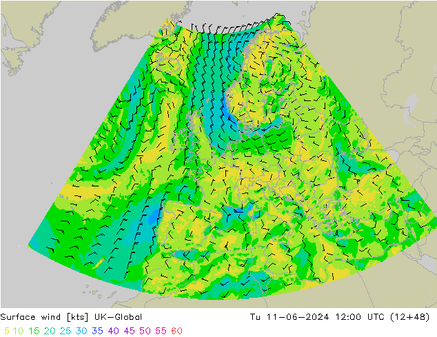 Surface wind UK-Global Tu 11.06.2024 12 UTC