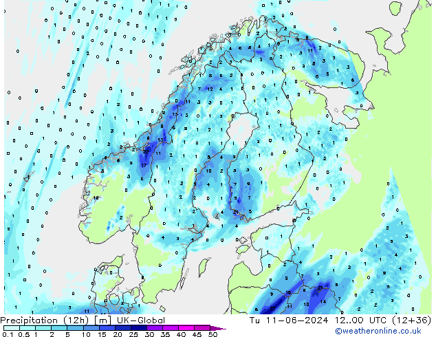Precipitation (12h) UK-Global Tu 11.06.2024 00 UTC