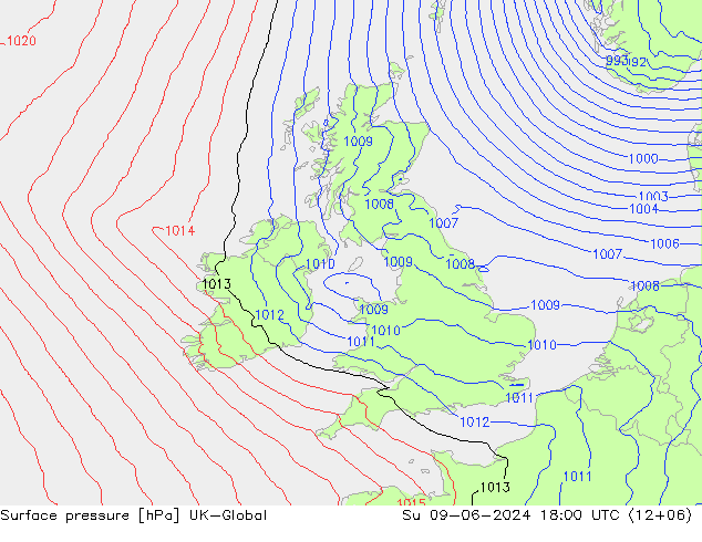 Atmosférický tlak UK-Global Ne 09.06.2024 18 UTC