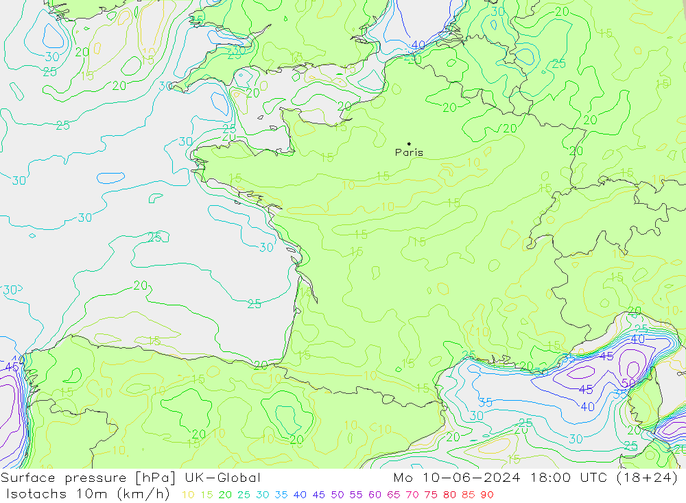 Isotaca (kph) UK-Global lun 10.06.2024 18 UTC