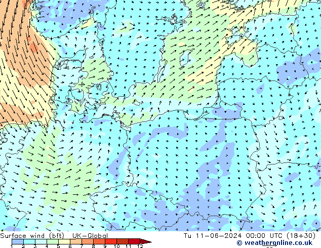 Surface wind (bft) UK-Global Tu 11.06.2024 00 UTC