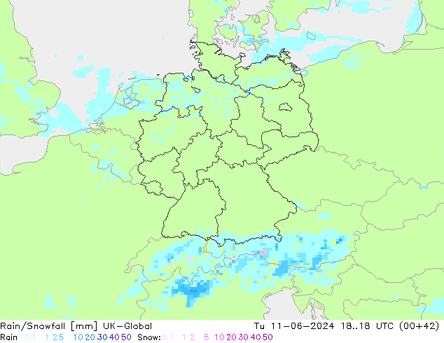 Rain/Snowfall UK-Global Tu 11.06.2024 18 UTC
