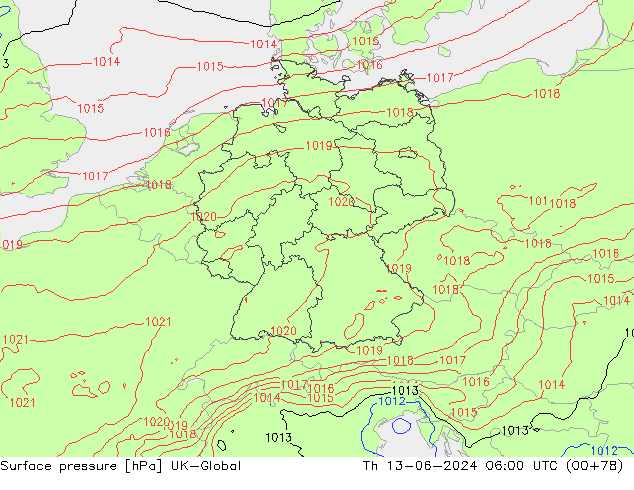 Surface pressure UK-Global Th 13.06.2024 06 UTC