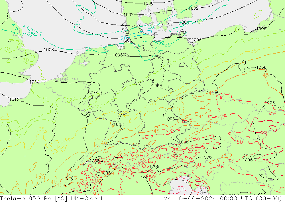 Theta-e 850гПа UK-Global пн 10.06.2024 00 UTC