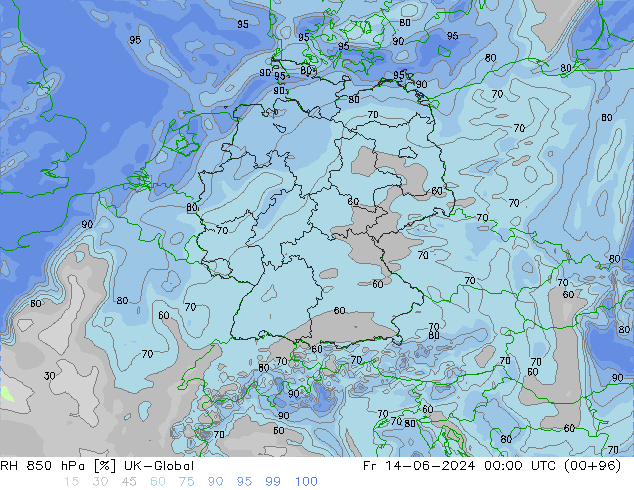 Humidité rel. 850 hPa UK-Global ven 14.06.2024 00 UTC