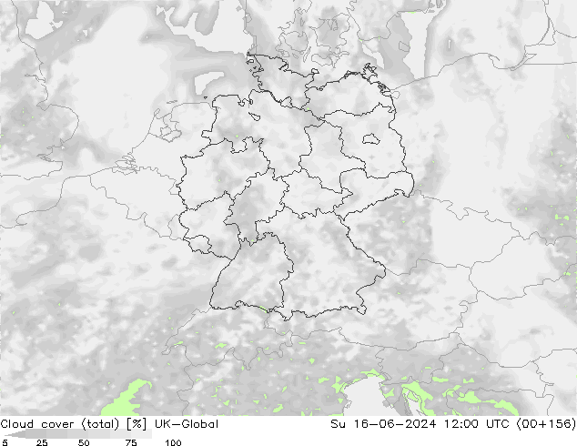Cloud cover (total) UK-Global Su 16.06.2024 12 UTC