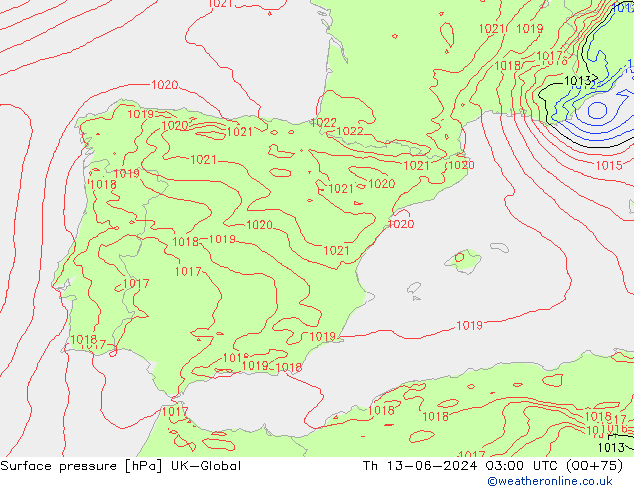 Pressione al suolo UK-Global gio 13.06.2024 03 UTC