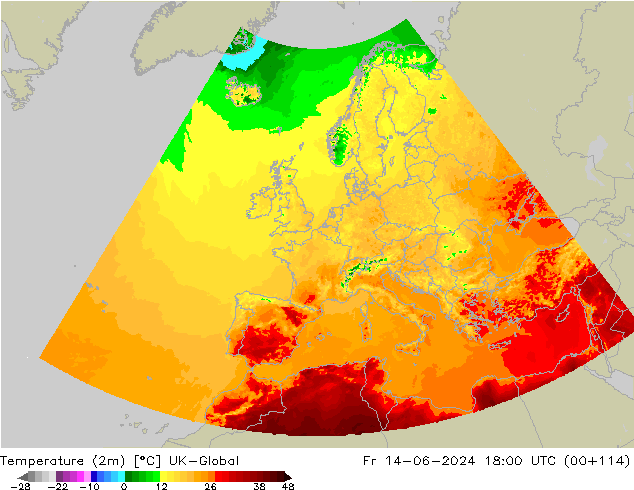 température (2m) UK-Global ven 14.06.2024 18 UTC