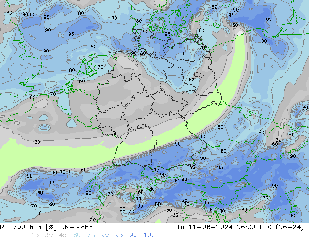Humidité rel. 700 hPa UK-Global mar 11.06.2024 06 UTC