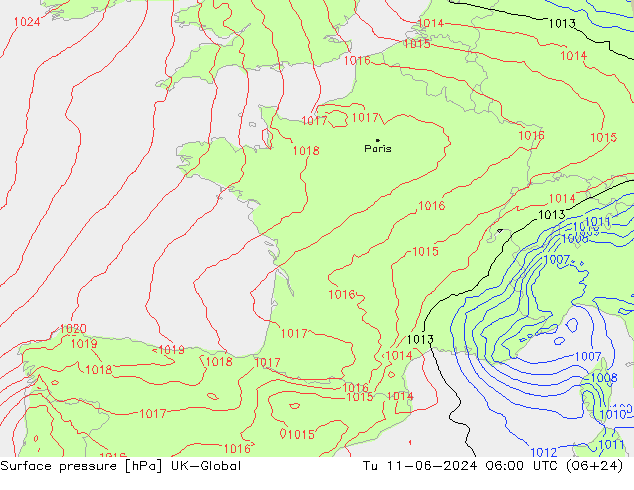 Surface pressure UK-Global Tu 11.06.2024 06 UTC