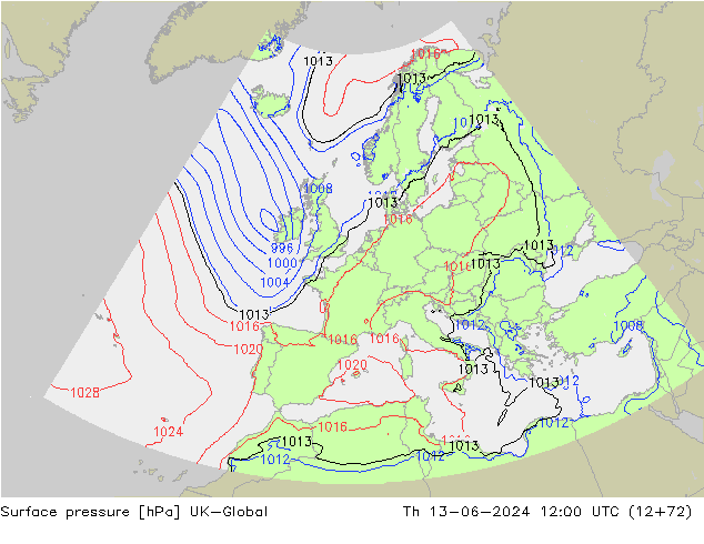 Pressione al suolo UK-Global gio 13.06.2024 12 UTC