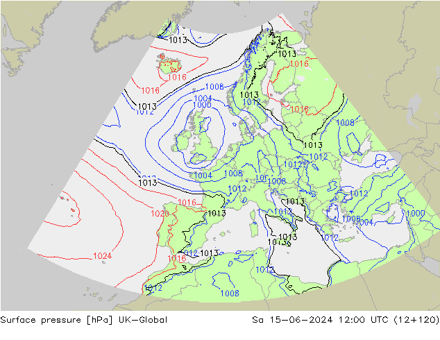 Presión superficial UK-Global sáb 15.06.2024 12 UTC