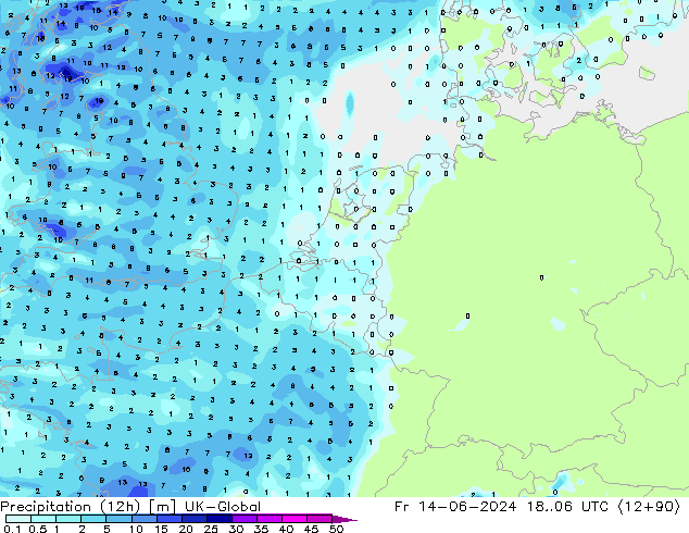 Precipitación (12h) UK-Global vie 14.06.2024 06 UTC