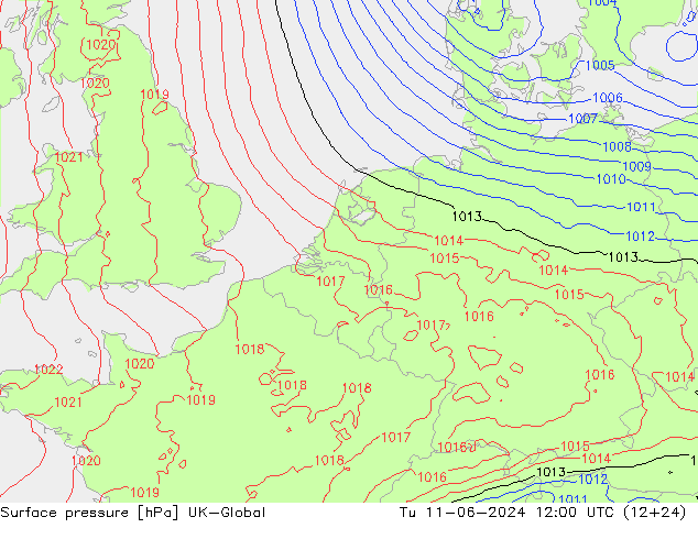 Surface pressure UK-Global Tu 11.06.2024 12 UTC