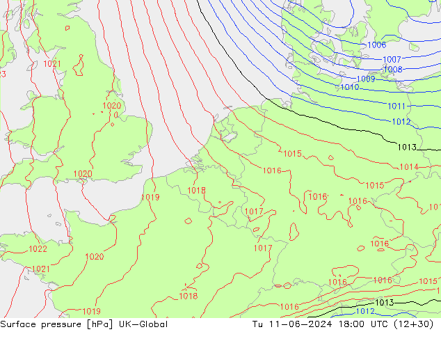 Surface pressure UK-Global Tu 11.06.2024 18 UTC